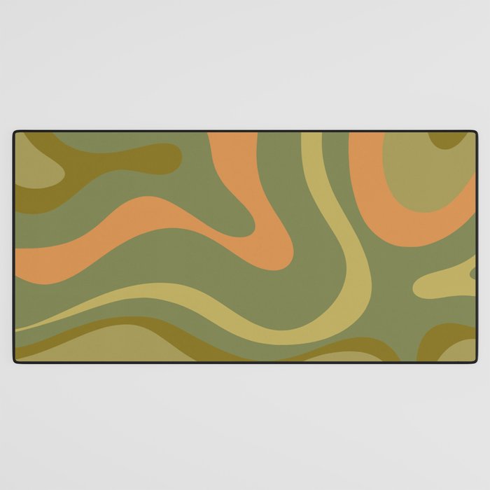 Modern Retro Liquid Swirl Abstract Pattern Square in Vintage Olive Green and Cantaloupe Orange Desk Mat Gallery Image 3