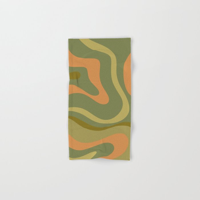 Modern Retro Liquid Swirl Abstract Pattern Square in Vintage Olive Green and Cantaloupe Orange Bath Towel Gallery Image 1