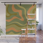 Modern Retro Liquid Swirl Abstract Pattern Square in Vintage Olive Green and Cantaloupe Orange Wall Mural Gallery Image 1