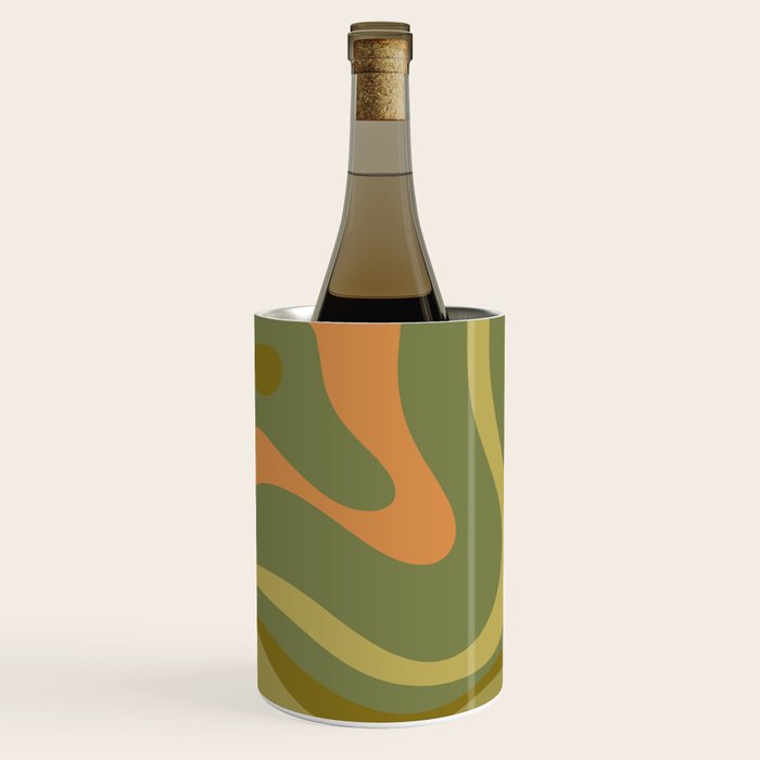 Modern Retro Liquid Swirl Abstract Pattern Square in Vintage Olive Green and Cantaloupe Orange Wine Chiller Gallery Image 1