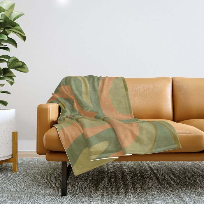 Modern Retro Liquid Swirl Abstract Pattern Square in Vintage Olive Green and Cantaloupe Orange Throw Blanket Gallery Image 1