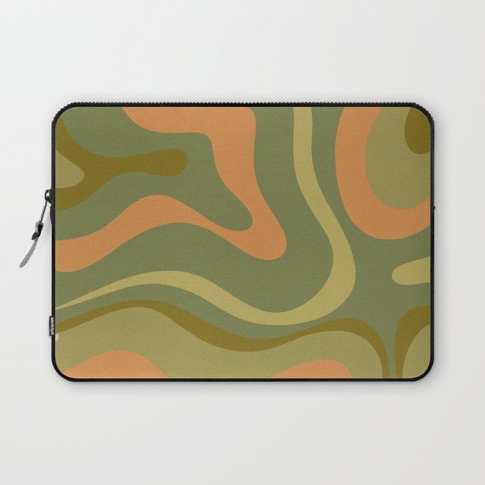 Modern Retro Liquid Swirl Abstract Pattern Square in Vintage Olive Green and Cantaloupe Orange Laptop Sleeve Gallery Image 1