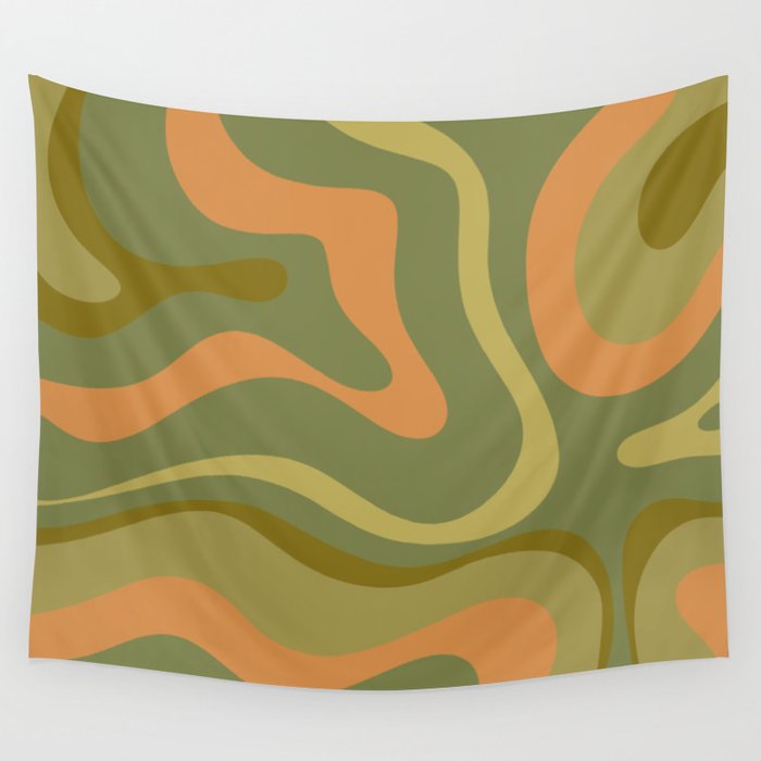 Modern Retro Liquid Swirl Abstract Pattern Square in Vintage Olive Green and Cantaloupe Orange Wall Tapestry Gallery Image 1
