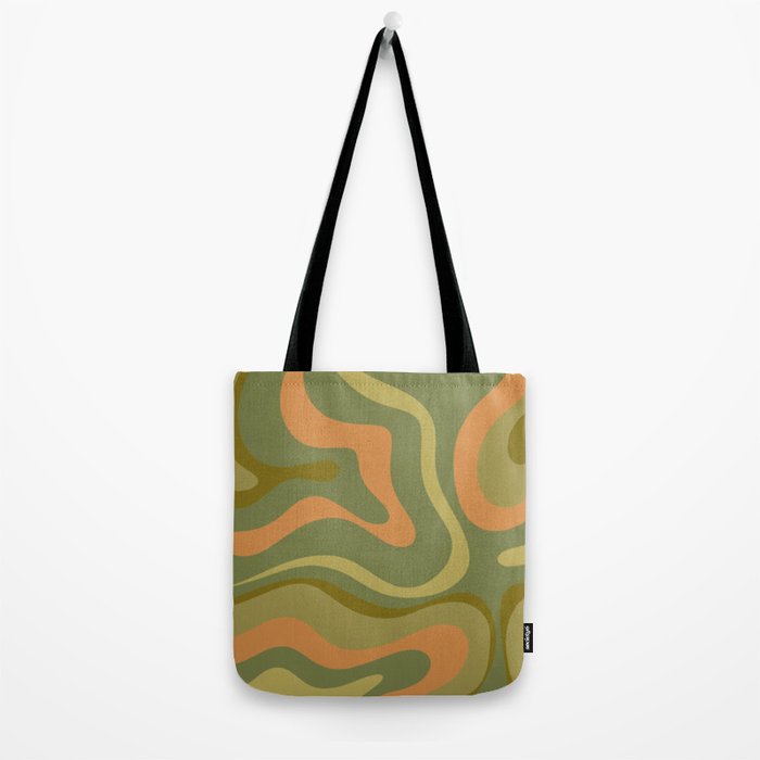 Modern Retro Liquid Swirl Abstract Pattern Square in Vintage Olive Green and Cantaloupe Orange Tote Bag Gallery Image 2