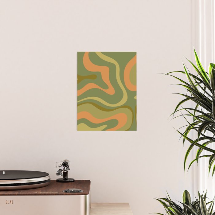 Modern Retro Liquid Swirl Abstract Pattern Square in Vintage Olive Green and Cantaloupe Orange Poster Gallery Image 2
