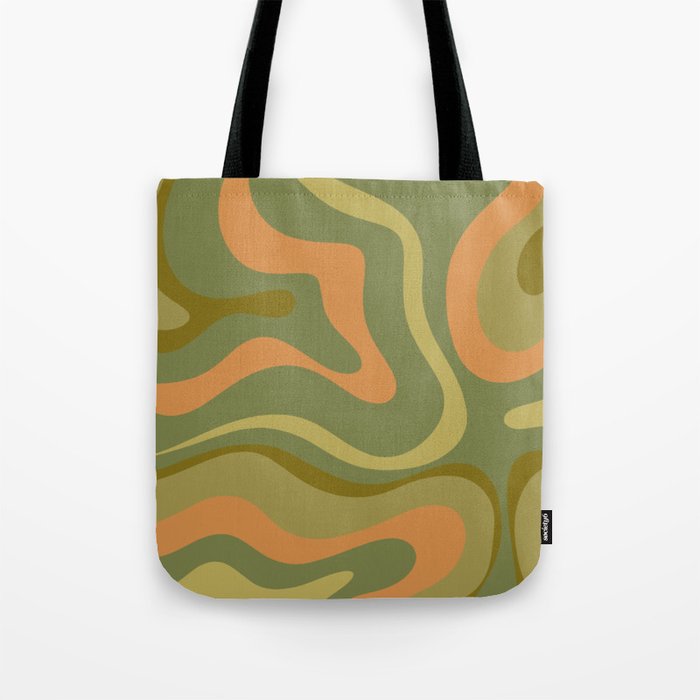 Modern Retro Liquid Swirl Abstract Pattern Square in Vintage Olive Green and Cantaloupe Orange Tote Bag Gallery Image 1