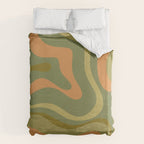 Modern Retro Liquid Swirl Abstract Pattern Square in Vintage Olive Green and Cantaloupe Orange Duvet Cover Gallery Image 6