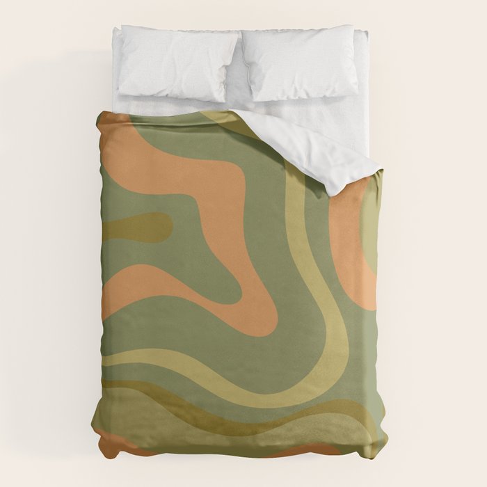 Modern Retro Liquid Swirl Abstract Pattern Square in Vintage Olive Green and Cantaloupe Orange Duvet Cover Gallery Image 6
