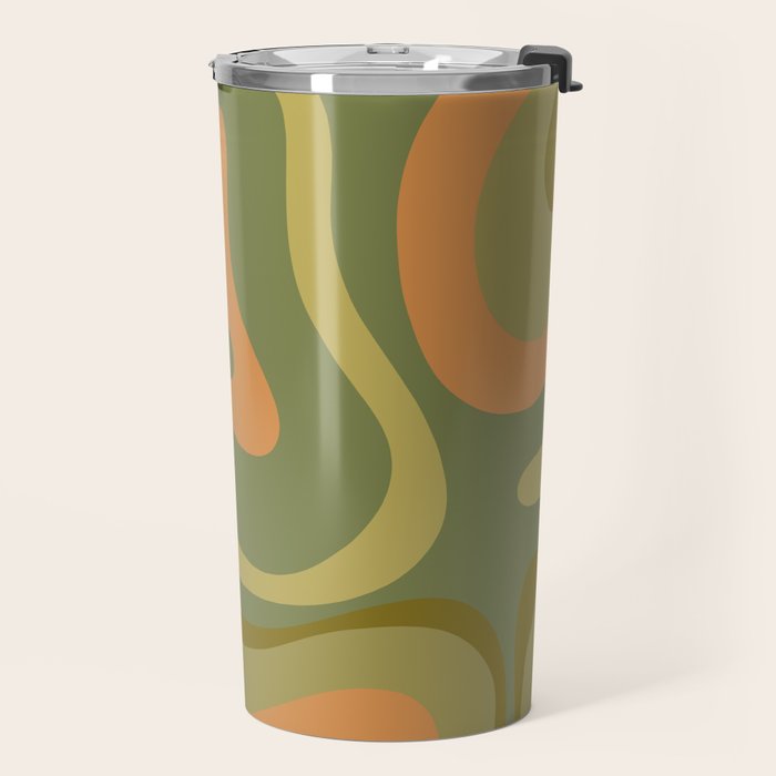 Modern Retro Liquid Swirl Abstract Pattern Square in Vintage Olive Green and Cantaloupe Orange Travel Mug Gallery Image 2