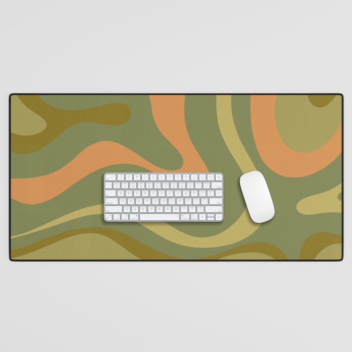 Modern Retro Liquid Swirl Abstract Pattern Square in Vintage Olive Green and Cantaloupe Orange Desk Mat Gallery Image 1