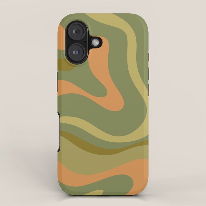 Modern Retro Liquid Swirl Abstract Pattern Square in Vintage Olive Green and Cantaloupe Orange iPhone Case Gallery Image 1