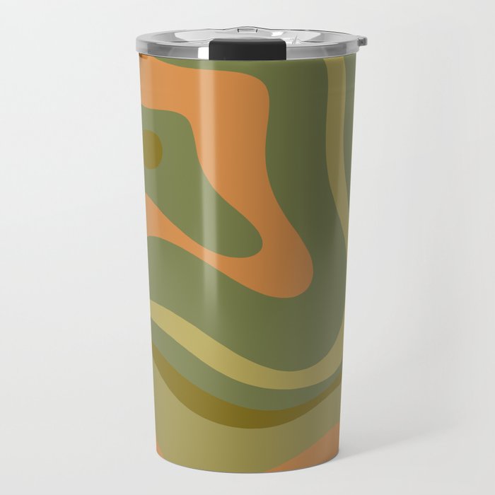 Modern Retro Liquid Swirl Abstract Pattern Square in Vintage Olive Green and Cantaloupe Orange Travel Mug Gallery Image 1