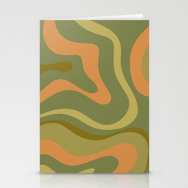 Modern Retro Liquid Swirl Abstract Pattern Square in Vintage Olive Green and Cantaloupe Orange Stationery Card Gallery Image 2