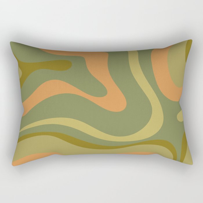 Modern Retro Liquid Swirl Abstract Pattern Square in Vintage Olive Green and Cantaloupe Orange Rectangular Pillow Gallery Image 1