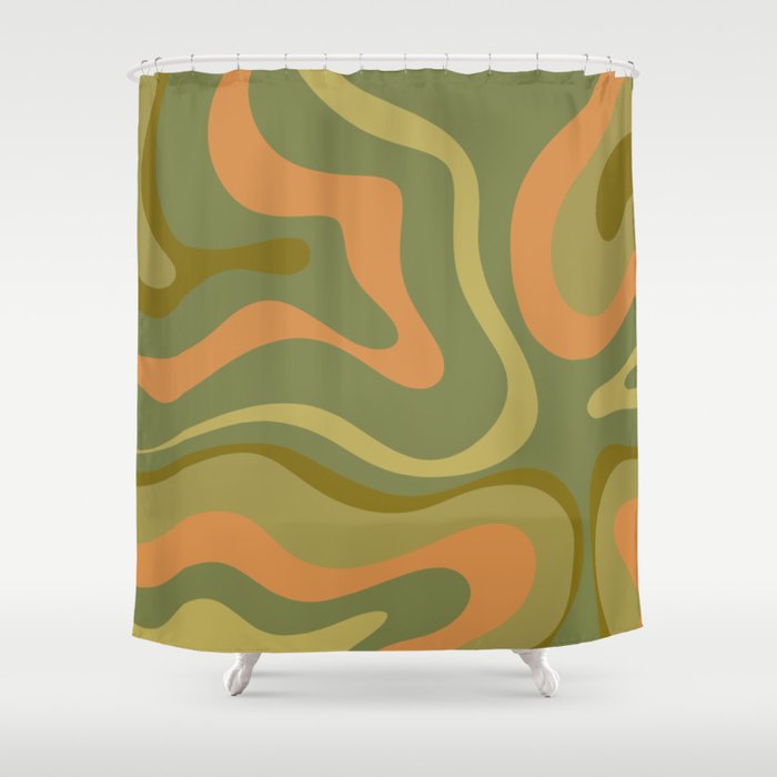 Modern Retro Liquid Swirl Abstract Pattern Square in Vintage Olive Green and Cantaloupe Orange Shower Curtain Gallery Image 1