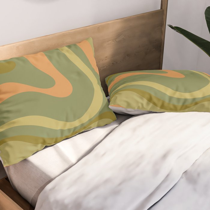 Modern Retro Liquid Swirl Abstract Pattern Square in Vintage Olive Green and Cantaloupe Orange Pillow Sham Gallery Image 2