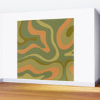 Modern Retro Liquid Swirl Abstract Pattern Square in Vintage Olive Green and Cantaloupe Orange Wall Mural Gallery Image 2