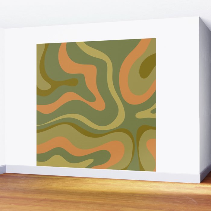 Modern Retro Liquid Swirl Abstract Pattern Square in Vintage Olive Green and Cantaloupe Orange Wall Mural Gallery Image 2