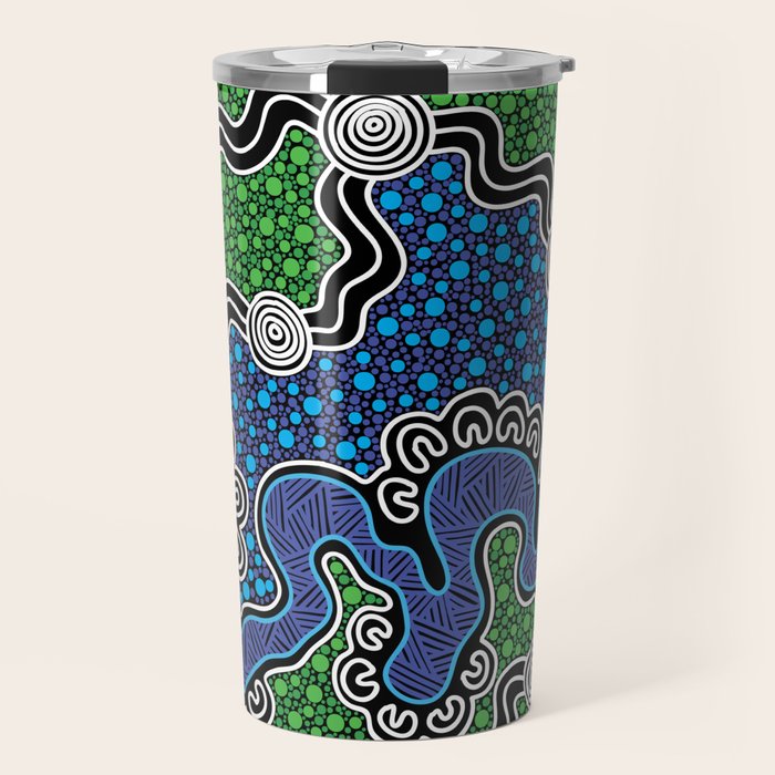Authentic Aboriginal Art - The River (green) Travel Mug Gallery Image 1