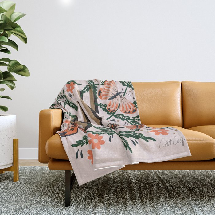 Oui Butterflies - Coral & Green Throw Blanket Gallery Image 1
