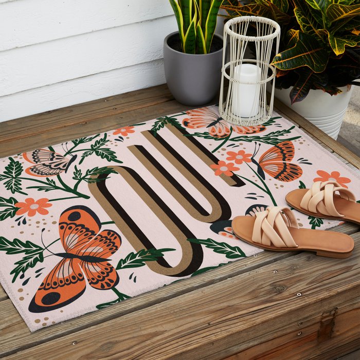 Oui Butterflies - Coral & Green Outdoor Rug Gallery Image 2