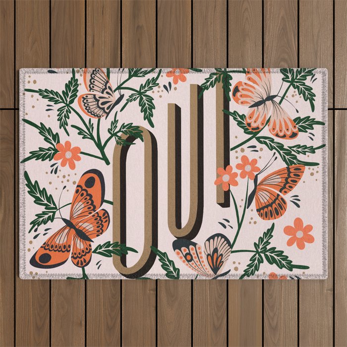 Oui Butterflies - Coral & Green Outdoor Rug Gallery Image 1