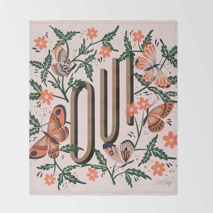Oui Butterflies - Coral & Green Throw Blanket Gallery Image 2