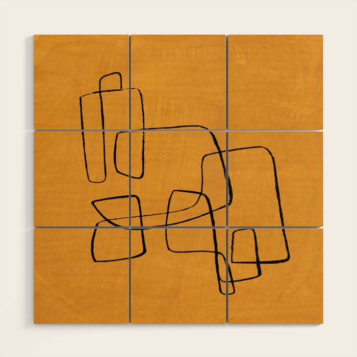 Minimalist Minimal Line Drawing Maze Mustard Yellow Painting Mid Century Modern Cool Funky Trendy Wood Wall Art Gallery Image 1