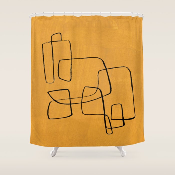Minimalist Minimal Line Drawing Maze Mustard Yellow Painting Mid Century Modern Cool Funky Trendy Shower Curtain Gallery Image 1
