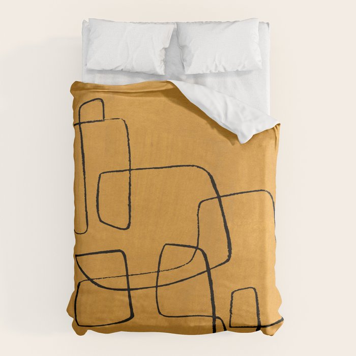Minimalist Minimal Line Drawing Maze Mustard Yellow Painting Mid Century Modern Cool Funky Trendy Duvet Cover Gallery Image 1
