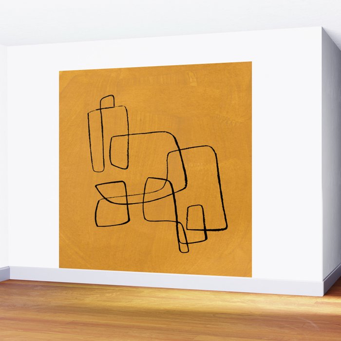 Minimalist Minimal Line Drawing Maze Mustard Yellow Painting Mid Century Modern Cool Funky Trendy Wall Mural Gallery Image 2