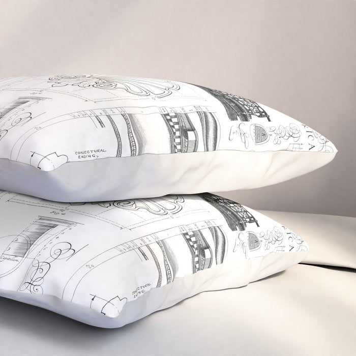 Industrial Charm Vintage Blueprint Details And Typography Black And White Pillow Sham Gallery Image 3