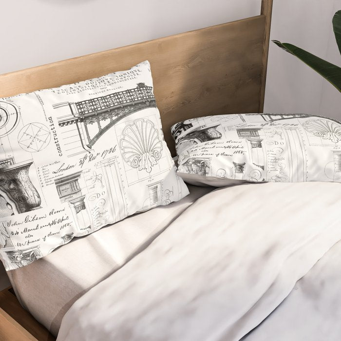Industrial Charm Vintage Blueprint Details And Typography Black And White Pillow Sham Gallery Image 2