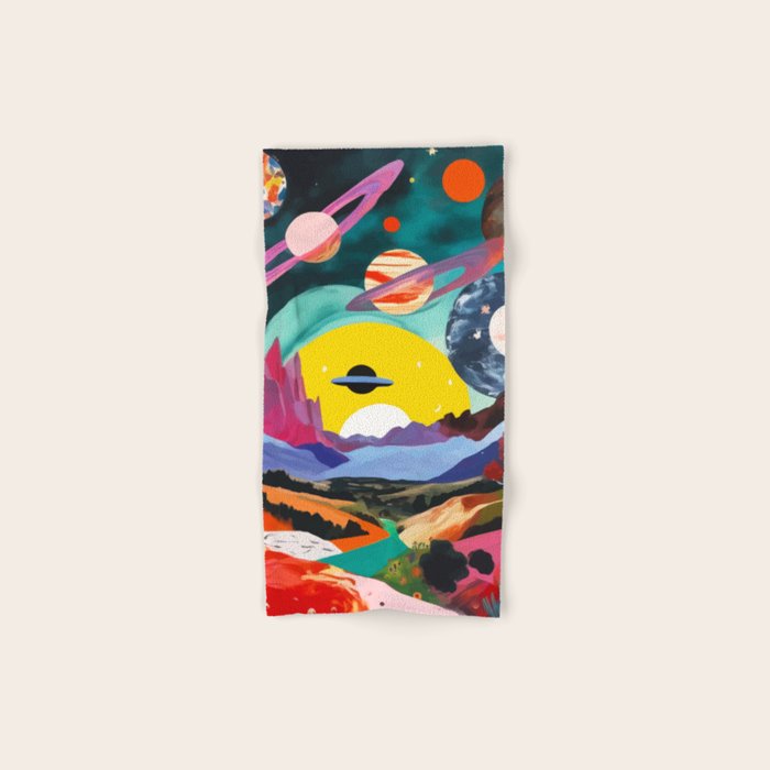 The Inner Space Landscape, Abstract Planets Painting Eclectic, Voyage Sun Moon Stars Voyage, Mountains Mars Bohemian Fantasy Bath Towel Gallery Image 1