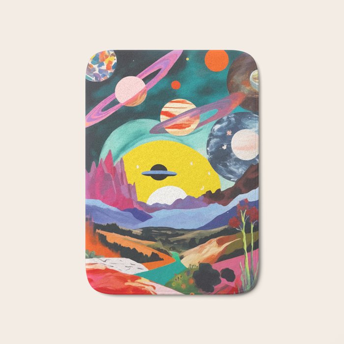 The Inner Space Landscape, Abstract Planets Painting Eclectic, Voyage Sun Moon Stars Voyage, Mountains Mars Bohemian Fantasy Bath Mat Gallery Image 1