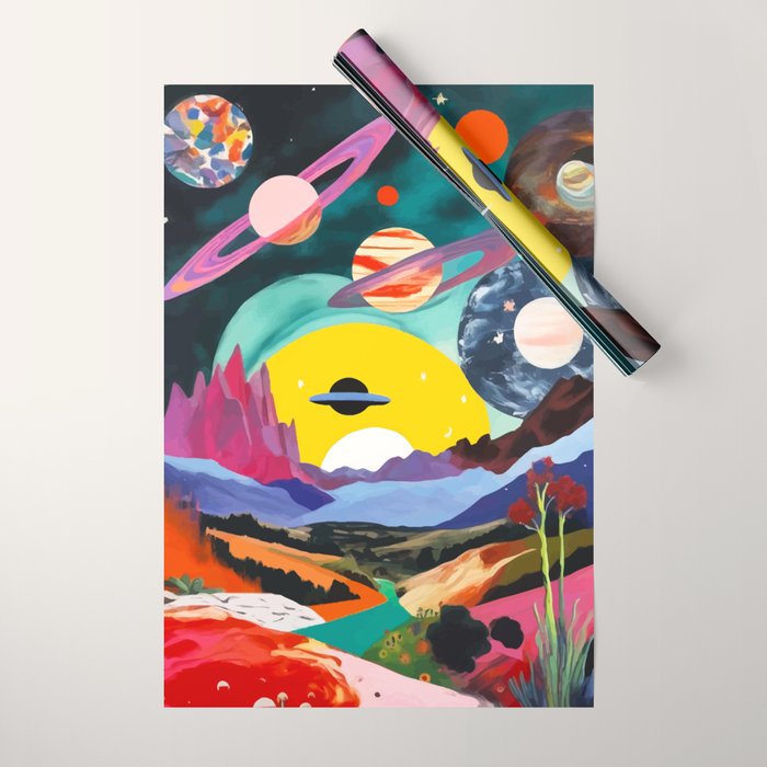 The Inner Space Landscape, Abstract Planets Painting Eclectic, Voyage Sun Moon Stars Voyage, Mountains Mars Bohemian Fantasy Wrapping Paper Gallery Image 1