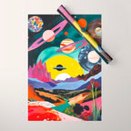 The Inner Space Landscape, Abstract Planets Painting Eclectic, Voyage Sun Moon Stars Voyage, Mountains Mars Bohemian Fantasy Wrapping Paper Gallery Image 1