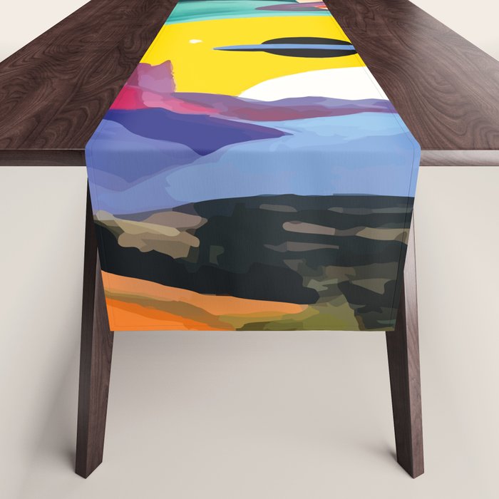 The Inner Space Landscape, Abstract Planets Painting Eclectic, Voyage Sun Moon Stars Voyage, Mountains Mars Bohemian Fantasy Table Runner Gallery Image 1