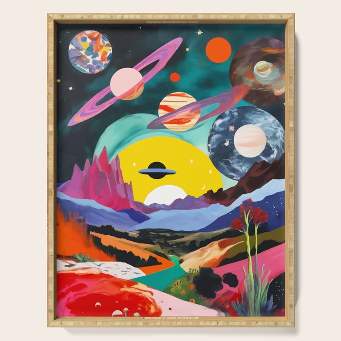 The Inner Space Landscape, Abstract Planets Painting Eclectic, Voyage Sun Moon Stars Voyage, Mountains Mars Bohemian Fantasy Serving Tray Gallery Image 1