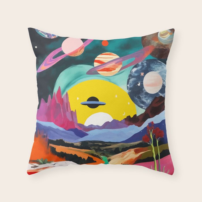 The Inner Space Landscape, Abstract Planets Painting Eclectic, Voyage Sun Moon Stars Voyage, Mountains Mars Bohemian Fantasy Throw Pillow Gallery Image 6