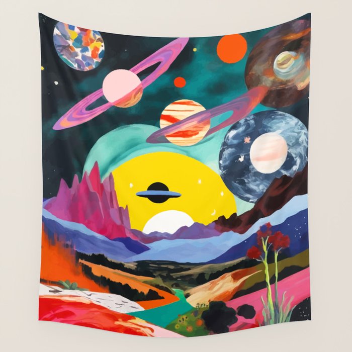 The Inner Space Landscape, Abstract Planets Painting Eclectic, Voyage Sun Moon Stars Voyage, Mountains Mars Bohemian Fantasy Wall Tapestry Gallery Image 1