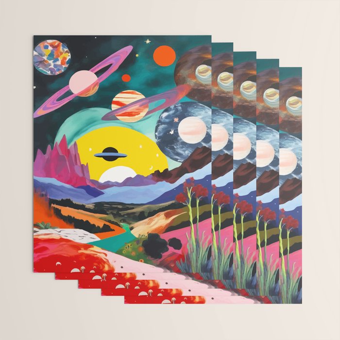The Inner Space Landscape, Abstract Planets Painting Eclectic, Voyage Sun Moon Stars Voyage, Mountains Mars Bohemian Fantasy Wrapping Paper Gallery Image 3