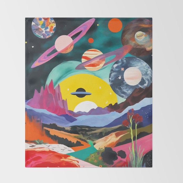 The Inner Space Landscape, Abstract Planets Painting Eclectic, Voyage Sun Moon Stars Voyage, Mountains Mars Bohemian Fantasy Throw Blanket Gallery Image 2