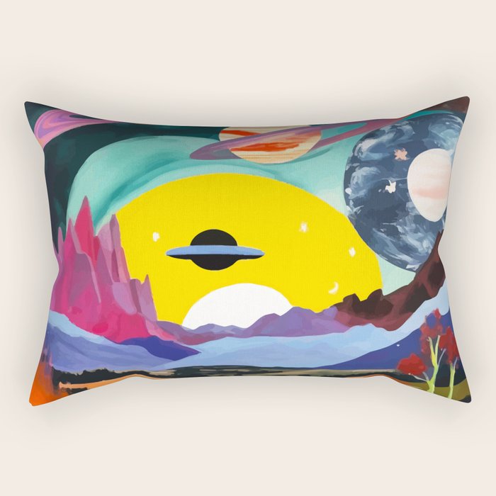 The Inner Space Landscape, Abstract Planets Painting Eclectic, Voyage Sun Moon Stars Voyage, Mountains Mars Bohemian Fantasy Rectangular Pillow Gallery Image 2