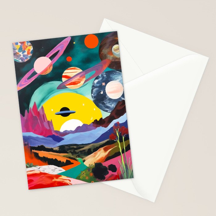The Inner Space Landscape, Abstract Planets Painting Eclectic, Voyage Sun Moon Stars Voyage, Mountains Mars Bohemian Fantasy Stationery Card Gallery Image 2
