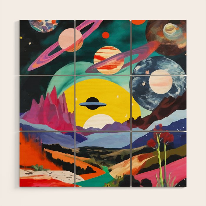 The Inner Space Landscape, Abstract Planets Painting Eclectic, Voyage Sun Moon Stars Voyage, Mountains Mars Bohemian Fantasy Wood Wall Art Gallery Image 1