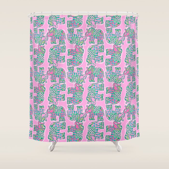 Elephant Block Print in Pink and Green Shower Curtain Gallery Image 1