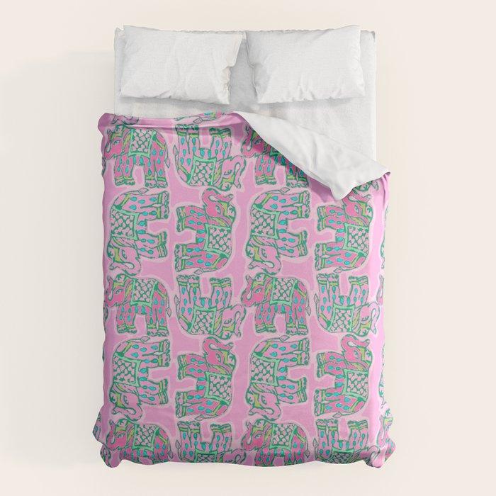 Elephant Block Print in Pink and Green Duvet Cover Gallery Image 1