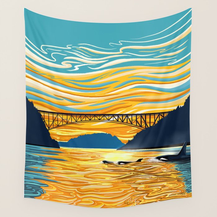 Deception Pass Orca Sunset Swim Wall Tapestry