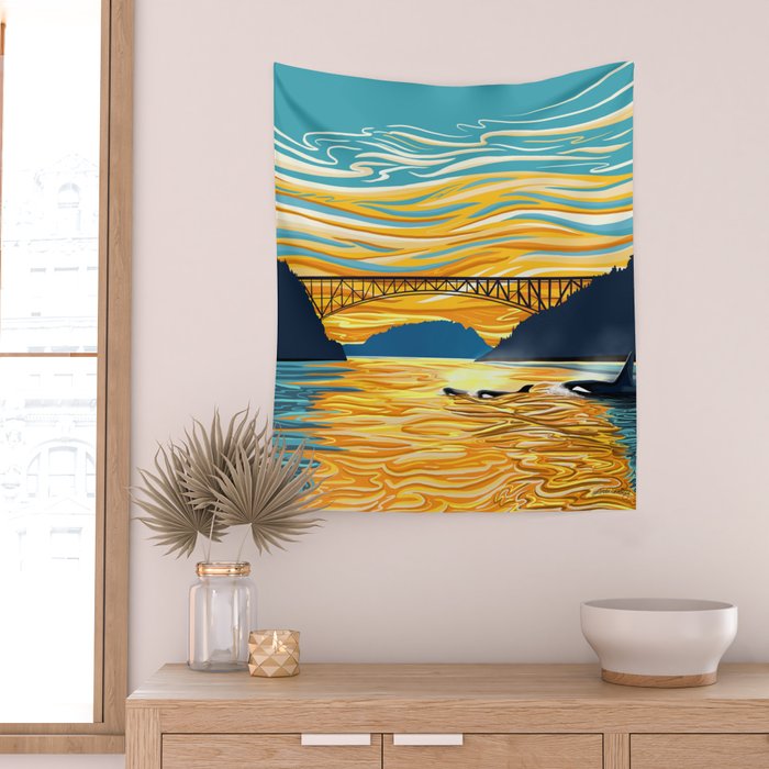 Deception Pass Orca Sunset Swim Wall Tapestry Gallery Image 2